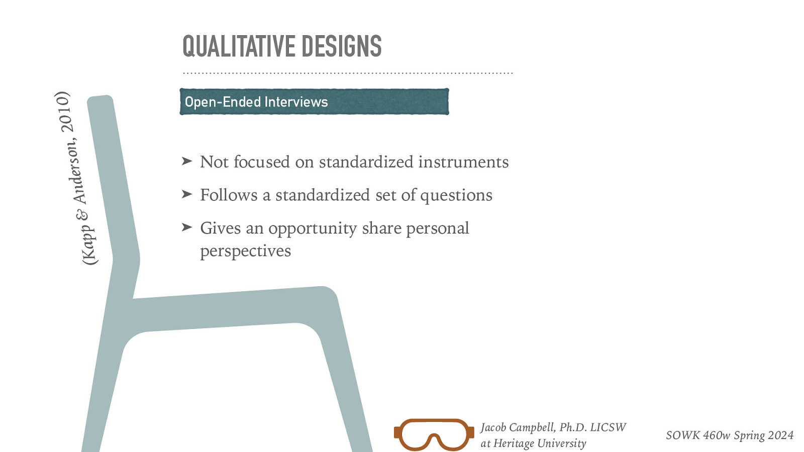 d n A & (Kapp ) 0 1 0 2 , n o s r e QUALITATIVE DESIGNS Open-Ended Interviews ➤ Not focused on standardized instruments ➤ Follows a standardized set of questions ➤ Gives an opportunity share personal perspectives Jacob Campbell, Ph.D. LICSW at Heritage University SOWK 460w Spring 2024
