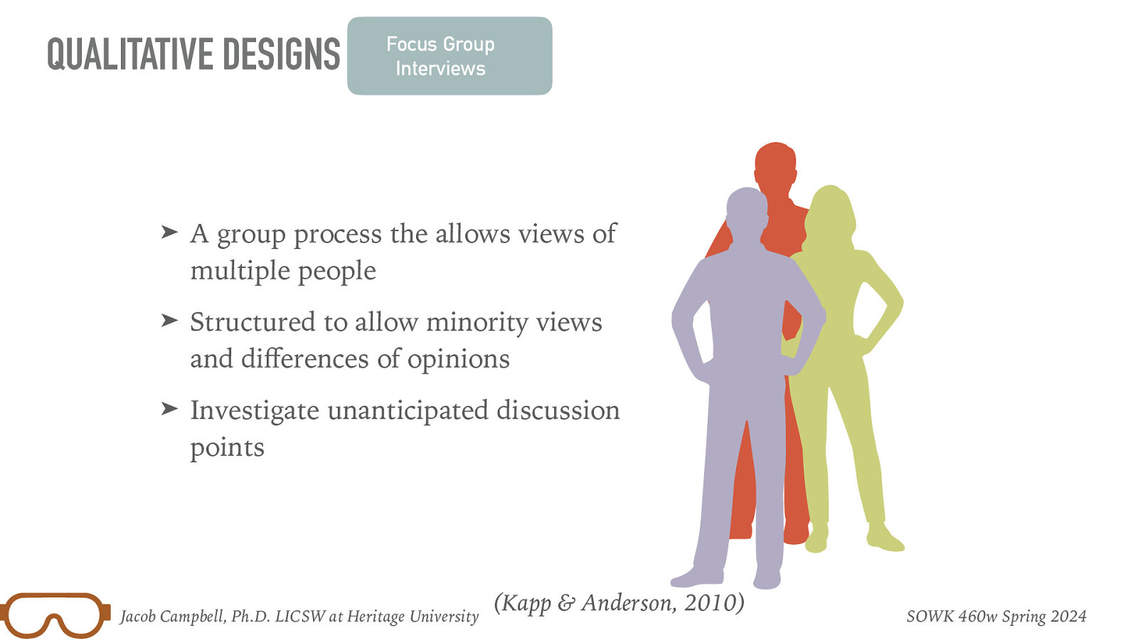 QUALITATIVE DESIGNS Focus Group Interviews ➤ A group process the allows views of multiple people ➤ Structured to allow minority views and di erences of opinions ➤ Investigate unanticipated discussion points ff Jacob Campbell, Ph.D. LICSW at Heritage University (Kapp & Anderson, 2010) SOWK 460w Spring 2024
