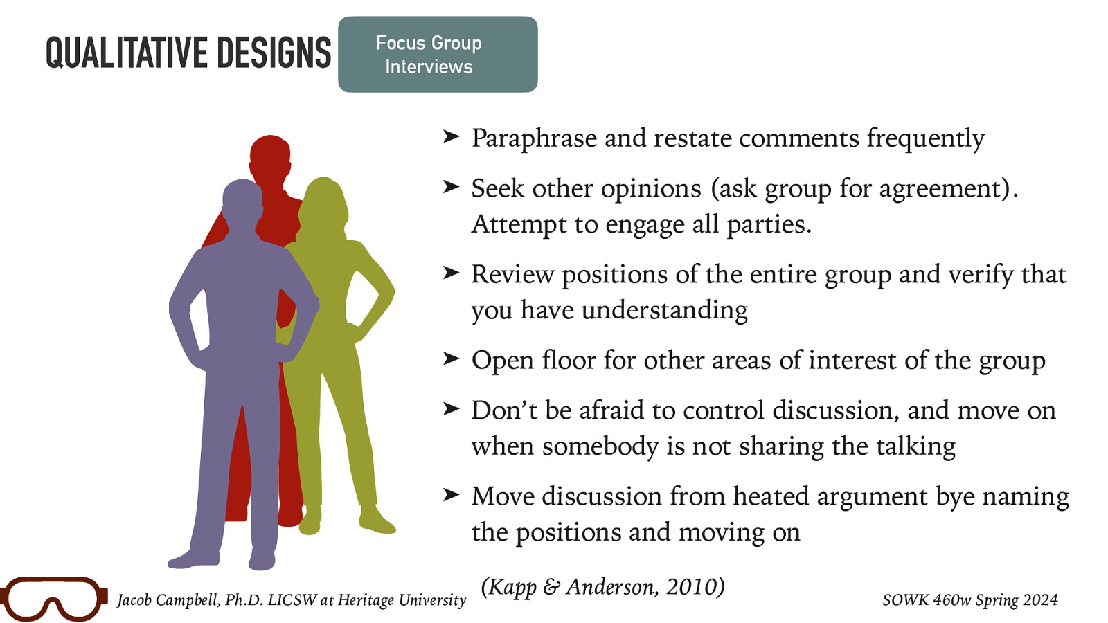 QUALITATIVE DESIGNS Focus Group Interviews ➤ Paraphrase and restate comments frequently ➤ Seek other opinions (ask group for agreement). Attempt to engage all parties. ➤ Review positions of the entire group and verify that you have understanding ➤ Open oor for other areas of interest of the group ➤ Don’t be afraid to control discussion, and move on when somebody is not sharing the talking ➤ Move discussion from heated argument bye naming the positions and moving on fl Jacob Campbell, Ph.D. LICSW at Heritage University (Kapp & Anderson, 2010) SOWK 460w Spring 2024
