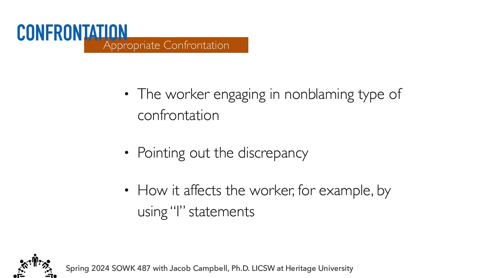 CONFRONTATION Appropriate Confrontation • The worker engaging in nonblaming type of confrontation • Pointing out the discrepancy • How it affects the worker, for example, by using “I” statements Spring 2024 SOWK 487 with Jacob Campbell, Ph.D. LICSW at Heritage University
