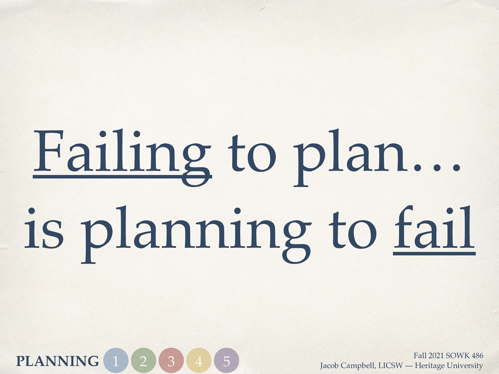 Failing to plan… is planning to fail PLANNING 1 2 3 4 5 Fall 2021 SOWK 486 Jacob Campbell, LICSW — Heritage University
