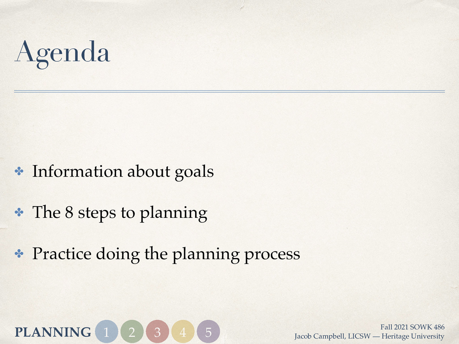 Agenda ✤ Information about goals ✤ The 8 steps to planning ✤ Practice doing the planning process PLANNING 1 2 3 4 5 Fall 2021 SOWK 486 Jacob Campbell, LICSW — Heritage University
