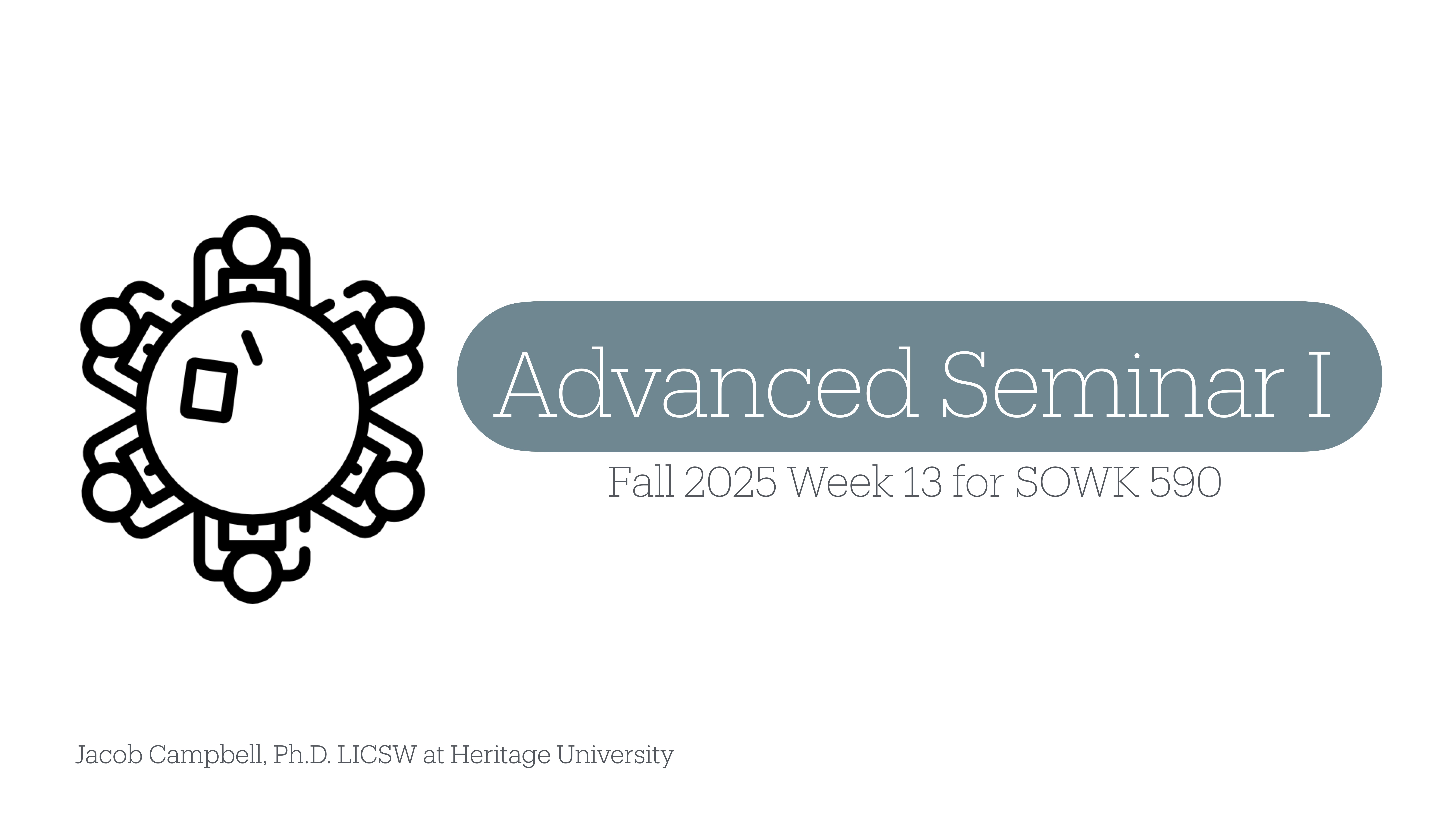 A circular abstract symbol appears alongside text reading 'Advanced Seminar I,' indicating Fall 2025, Week 13 for SOWK 590, by Jacob Campbell, Ph.D., LICSW at Heritage University, on a white background.