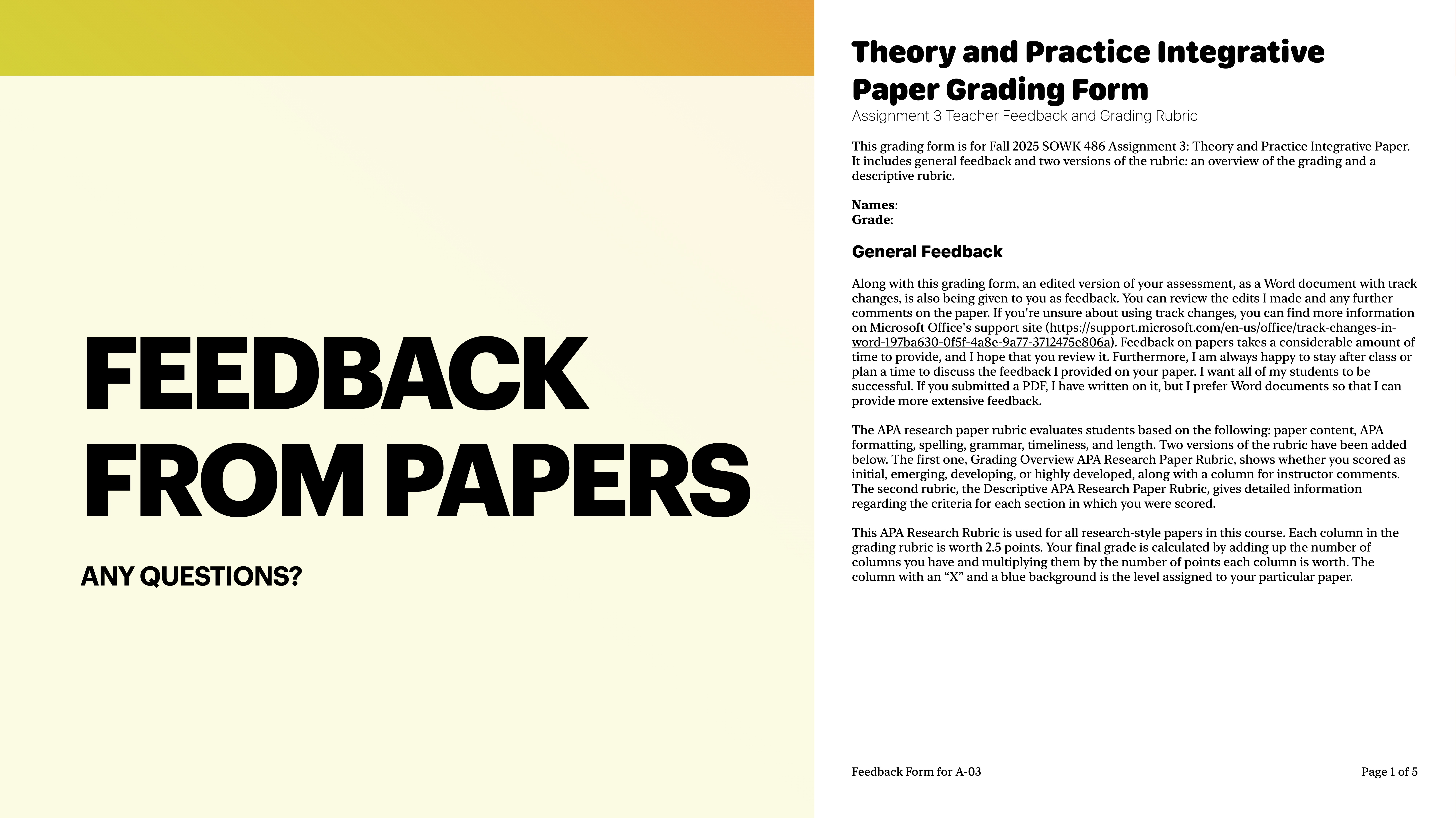 A presentation slide features bold text on the left stating 'FEEDBACK FROM PAPERS ANY QUESTIONS?' On the right, text details a grading form titled 'Theory and Practice Integrative Paper Grading Form,' including sections for name, grade, and general feedback, elaborating on assessment and APA research rubric context.