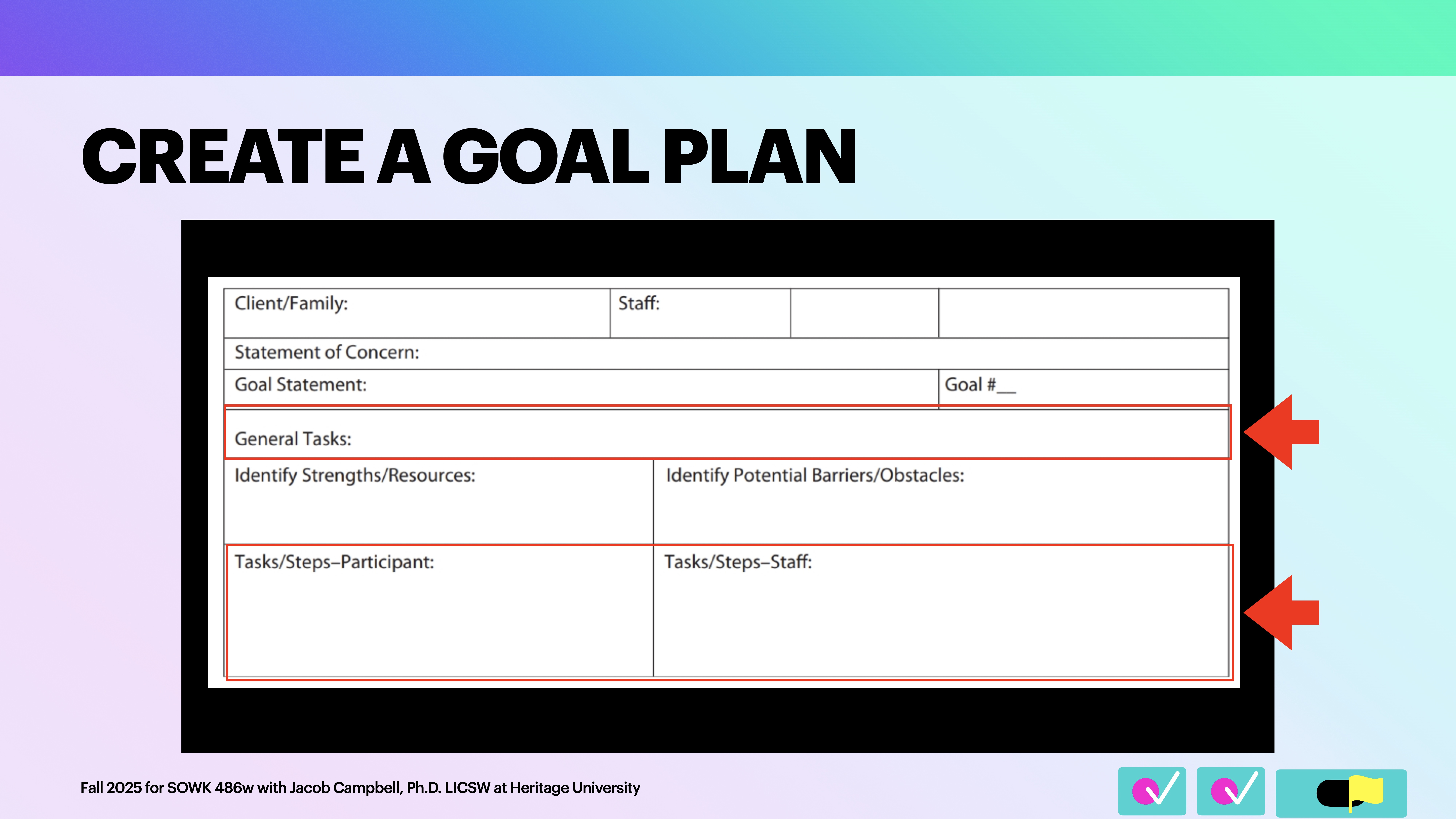 Text box presents a goal plan template. Headings include 'Client/Family,' 'Staff,' 'Statement of Concern,' 'Goal Statement,' 'General Tasks,' 'Identify Strengths/Resources,' 'Identify Potential Barriers/Obstacles.' Vibrant background with text 'CREATE A GOAL PLAN.'Additional text:'Fall 2023 for SOWK 486w with Jacob Campbell, Ph.D. LICSW at Heritage University.'